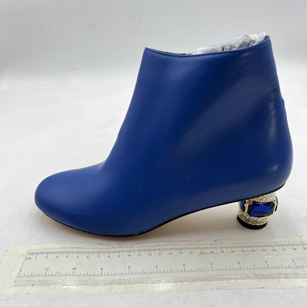 Blue Round Toe Crystal Block Low Heel Ankle Boots Fashion Side Zipper Shoes